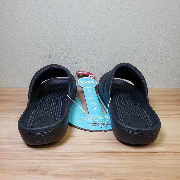 Totes Womens 10 Everywear Puffy Slide Sandals Solid Black Lightweight Waterproof - Picture 3 of 7